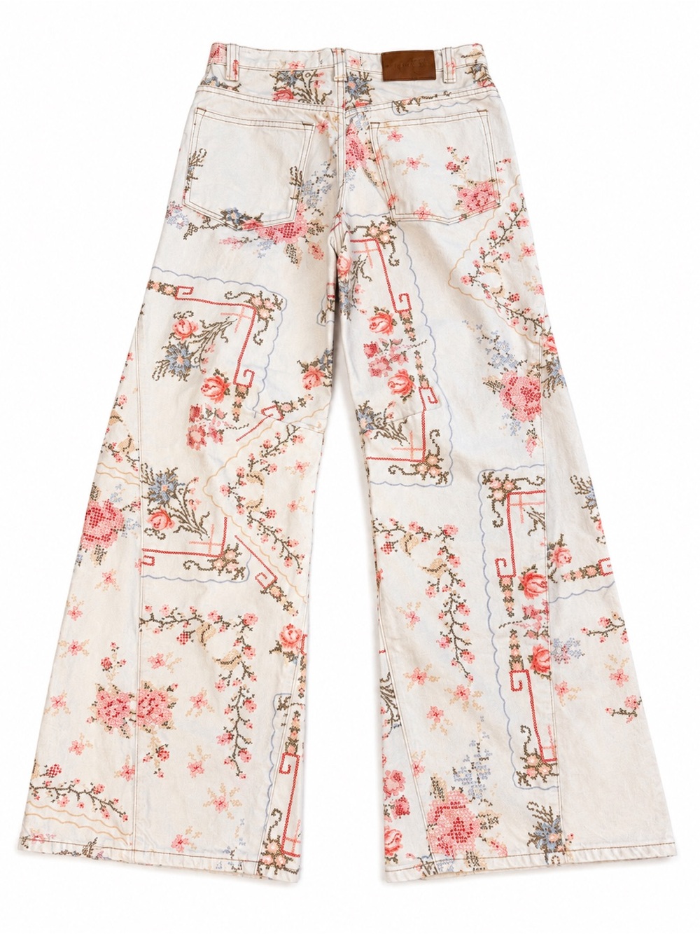 Free People We The Free Eden Slouch Jeans Cross Stitch Ivory Floral Size 26 - Picture 2 of 12